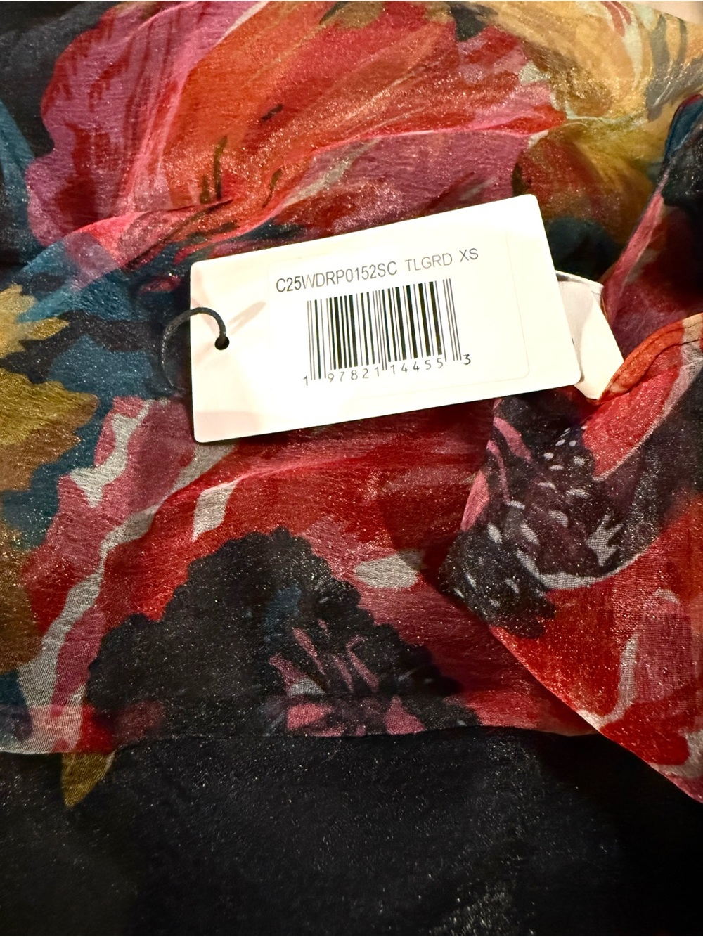 Caara Few Moda Alette Dress Sheer Floral Maxi Multicolor Tulip Blooms On Black - Picture 12 of 12